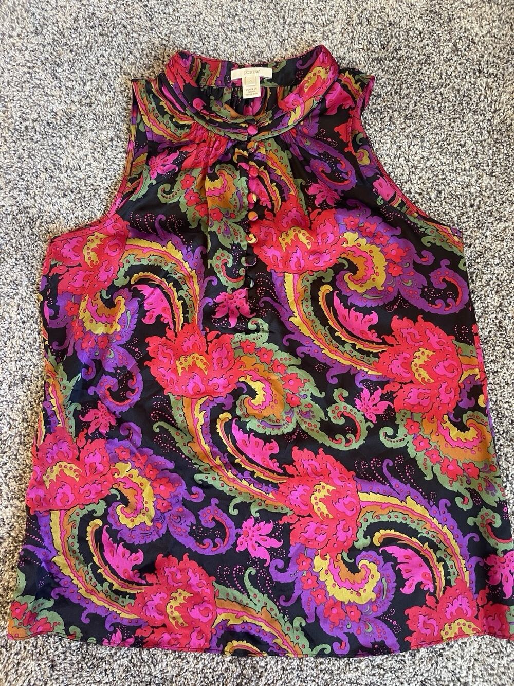 J Crew Women's Sz 0 Silk Sleeveless Top High Neck 1/4 Button Vibrant Paisley